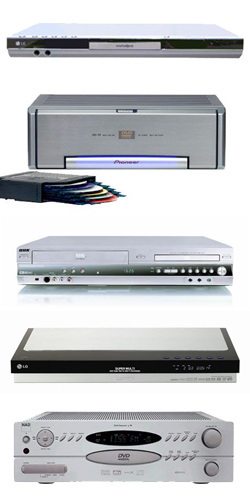 Разновидности DVD-плееров (сверху-вниз): DVD-плеер, DVD-чейнджер, DVD+VHS, DVD-рекордер, DVD-ресивер